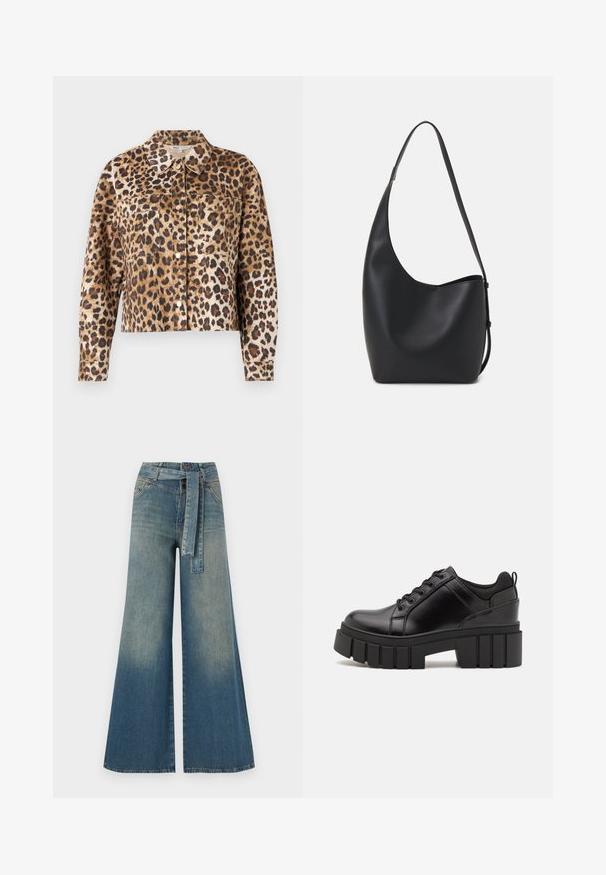 Lederjacke mit Leopardenmuster aus Kunstfell, mit einem Kragen, Knopfverschluss, zwei Brusttaschen und langen Ärmeln mit Manschetten.; Schwarzes Baumwoll-T-Shirt mit kurzen Ärmeln, das ein kleines pinkes Schmetterlingsmotiv auf der linken Brust zeigt. Crewneck-Design mit einem entspannten Schnitt.; Weit geschnittene Denim-Hosen mit einem Farbverlauf von hellblau zu dunkelblau, hoher Taille, Gürtelschlaufen und einem passenden Stoffgürtel. Strukturierte Denim-Oberfläche.; Schwarze Lederplateauschuhe mit klobigem Blockabsatz, runder Zehenpartie und traditionellem Schnürdesign. Verfügt über eine glatte Textur und minimale Details.; Schwarze Leder-Hobo-Tasche mit einer glatten Textur, geschwungener Form und einem einzelnen verstellbaren Tragegurt; verfügt über eine weite Öffnung am oberen Ende.