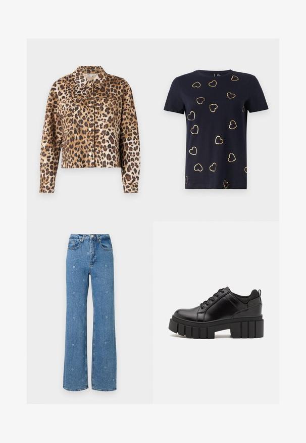 Leopardmønstret jakke i kunstpels, med krage, knaplukning, to brystlommer og lange ærmer med manchetter.; Marineblå t-skjorte med kort erm i bomull, prydet med hjerte-mønstre i gullfarge som er spredt over stoffet. Rund hals. Myk tekstur.; Blå høy midje rette jeans med små hvite blomsterbroderier spredt over stoffet.; Svarte lærplattformsko med kraftig blokkhell, rund tå og tradisjonell snøring. Har en jevn tekstur og minimal detaljering.