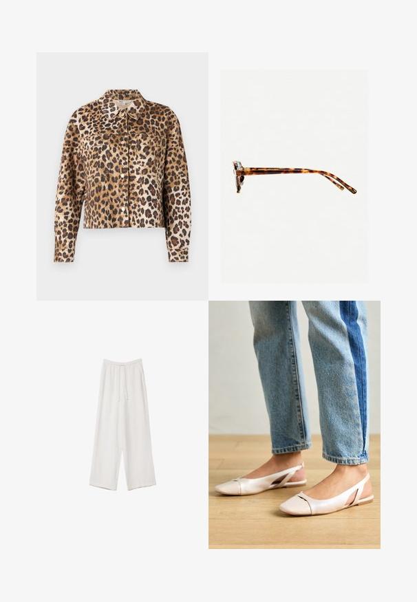 Takki, jossa on leopardikuosiset tekoturkikset, kauluksellinen kaula-aukko, nappikiinnitys, kaksi rintataskua ja pitkät hihat hupulla.; Valkoinen lyhythihainen T-paita, joka on tehty puuvillasta. Siinä on pyöreä kaula-aukko ja rento malli. Silkkinen pinta ilman näkyviä kuvioita tai koristeita.; Valkoiset leveälahkeiset housut kevyestä kankaasta. Ominaisuuksiin kuuluu elastinen vyötärö, jossa on nauhakuuluma ja sivutaskut. Sileä rakenne.; Vaaleanpunaiset slingback-ballerinat, joissa on terävä kärki, valmistettu sileästä nahkamaisesta materiaalista. Sivujen leikkuuyksityiskohdat ja tasapohja.; Kivimäisd värvi päikeseprillid paksu raamiga, kergelt kõverate templitega ja siledast tekstuurist. Omab klassikalist disaini läikiva viimistlusega.