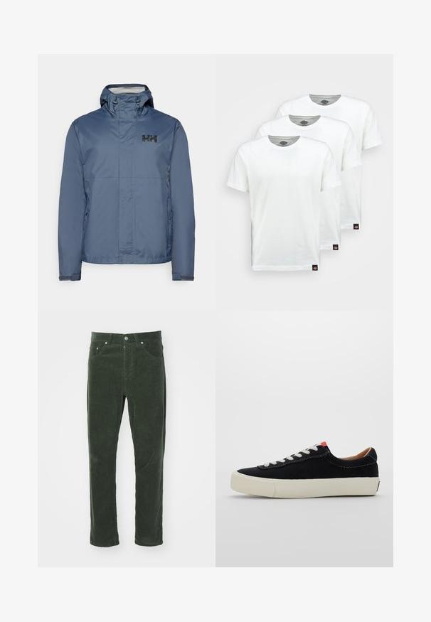 Kék, könnyű dzseki kapucnival, zipzárral, állítható húzózsinórral és fekete logóval. Simább textúrával és laza dizájnnal rendelkezik.; Három sima fehér pamut póló rövid ujjakkal. Mindegyik pólón kerek nyakkivágás található, és a bal oldalon egy kis fekete logó címke van.; Zöld kordbársony nadrág egyenes szárú fazonnal, öt zsebbel, fém gombos záródással és texturált bordázott felülettel.; Fekete vászon sportcipő fehér fűzőkkel, bézs gumitalppal és piros akcentussal a sarkán. Lekerekített orr és minimális varrási részletek.