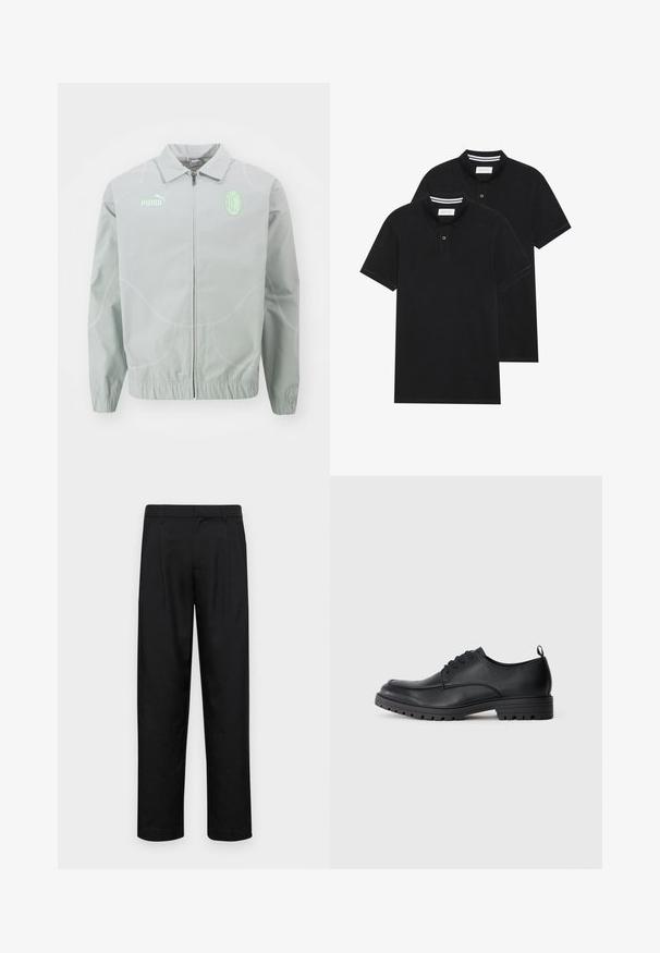 Puma AC MILAN STATEMENT TRACK JACKET - Klub merchandise - flat light gray/grape mist; To sorte polo T-shirts, kortærmede, lavet af bomuldsstof, med en klassisk krave, to-knaps placket og hvide stribede detaljer indeni kraven.; Sorte bukser lavet af glat stof, med et lige ben-design, to frontfolder og en standard talje med bæltestropper.; Sorte læderdressko med en glat overflade, rund tå, snørebånd foran og en robust gummisål med et mønsteret slidbane.