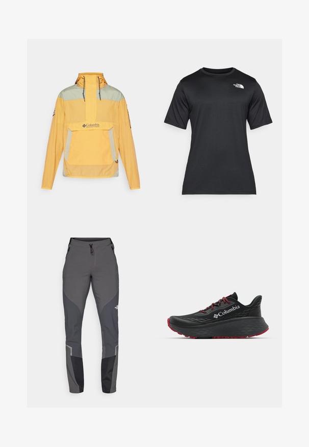 Κίτρινο και πράσινο μισό φερμουάρ μπουφάν με μπροστινή τσέπη, κουκούλα με κορδόνι και λογότυπο στο στήθος. Ελαφρύ, υφασμάτινο υλικό με μερικές ανακλαστικές λεπτομέρειες.; Μαύρη κοντομάνικη μπλούζα φτιαγμένη από ελαφρύ, υφασμάτινο αντιακατακλυσματικό ύφασμα. Διαθέτει λευκό λογότυπο στο αριστερό στήθος και κλειστό λαιμό.; Γκρι παντελόνι πεζοπορίας με στενό σχεδιασμό, πολλές τσέπες και αντίθετους σκούρους γκρι και μαύρους τόνους. Κατασκευασμένο από ευέλικτο και ανθεκτικό υλικό.; Μαύρο αθλητικό παπούτσι με υφή στην επάνω πλευρά, κόκκινες κορδόνες και λογότυπο. Παχύ πέλμα με μοτίβο για πρόσφυση. Μινιμαλιστικός σχεδιασμός, πλευρική όψη.