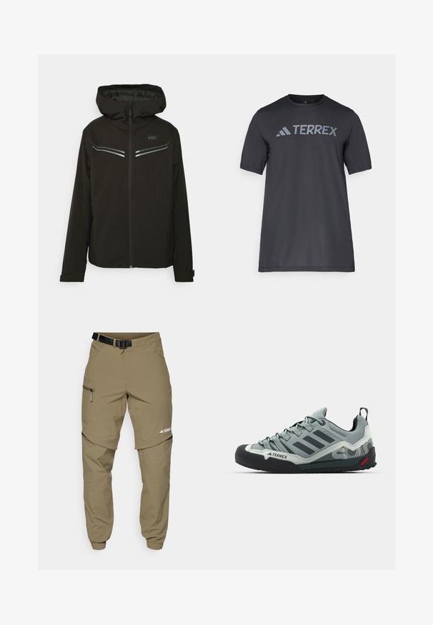Must värviline kapuutsiga jakk, tõmblukuga esiküljel, valmistatud kerge materjali. Omab hõbedaseid detaile ja minimaliseeritud disaini. Ideaalne välistingimustes kasutamiseks.; Must musta t-särk, mis on valmistatud kergetest kangast, millel on kergehall "TERREX" logo rinnaeest ja ümar kaelus.; Khaki välisin püksid, millel on reguleeritav must vöö, lukuga taskud, kitsenevad sääreotsad ja eemaldatavad alumised sääred mitmekesiste stiilide jaoks.; Hallid hallid ronimissaapad, millel on tekstureeritud pealispind, must kummist varbakaitse, kolm tumedat triipu ja väike punane aktsent tallal.
