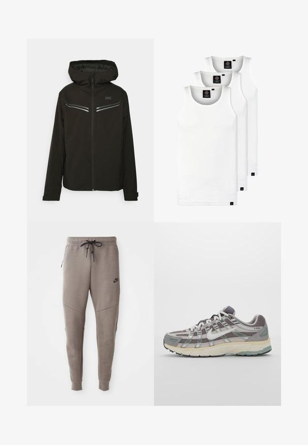 Black hooded jacket, zippered front, made of lightweight fabric. Features silver accents and a minimalistic design. Ideal for outdoor use.; Three white ribbed tank tops made of cotton. Features a crew neck and small black labels near the hem. Available in multiple sizes.; Gray Nike sweatpants with a drawstring waistband, tapered legs, side pockets, and distinct seam detailing. Soft, textured fabric.; Gray athletic shoe featuring a mesh and suede upper, white accents, a cushioned sole, and a distinctive design with reflective elements.