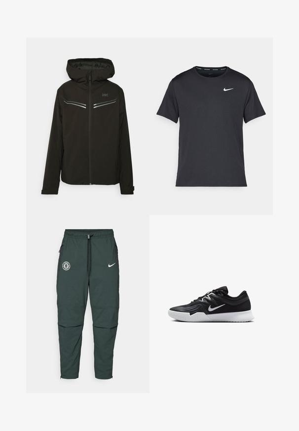 Juodas gobtuvas striukė, su užtrauktuku priekyje, pagaminta iš lengvos medžiagos. Yra sidabriniai akcentai ir minimalistinis dizainas. Puikiai tinka lauko naudojimui.; Juodas Nike bėgimo marškinėlis, pagamintas iš lengvos, kvėpuojančios medžiagos, turintis trumpas rankoves ir mažą baltą logotipą ant krūtinės.; Tamsiai žali Nike treninginiai kelnes su elastine juosta, reguliuojama raišteliu, šoninėmis užtrauktukų kišenėmis ir Chelsea FC logotipu ant kairio šlaunies.; Juodos sportinės bateliai su tekstūruota viršutine dalimi, balta Nike swoosh ir balta gumine išorine dalimi. Yra su raištelių užsegimo dizainu ir dinamine forma.
