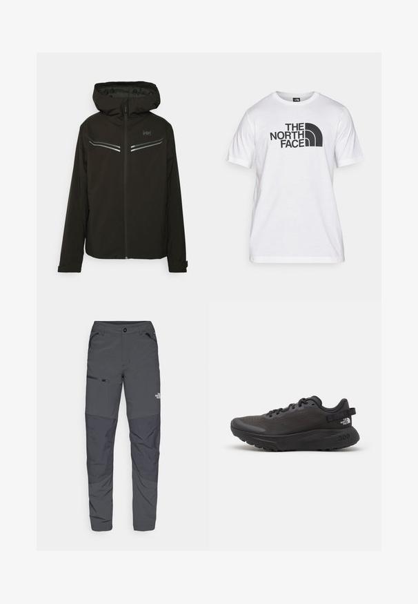 Black hooded jacket, zippered front, made of lightweight fabric. Features silver accents and a minimalistic design. Ideal for outdoor use.; White cotton t-shirt featuring a black graphic print with text and a curved logo design. Round neckline and short sleeves. Plain texture.; Gray outdoor pants with a smooth texture, featuring a zippered pocket on the side, reinforced knee sections, and a subtle logo detail.; Black athletic shoe with mesh upper, padded collar, and rubber sole. Features textured design and branding on the heel. Lightweight construction.