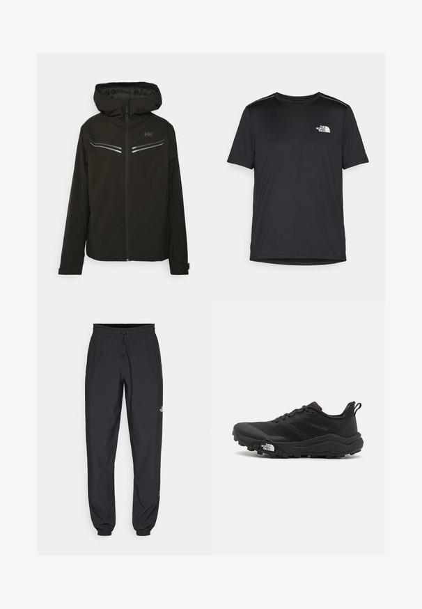 Juodas gobtuvas striukė, su užtrauktuku priekyje, pagaminta iš lengvos medžiagos. Yra sidabriniai akcentai ir minimalistinis dizainas. Puikiai tinka lauko naudojimui.; Juodas trumpas rankovės marškinėliai, pagaminti iš lengvos medžiagos. Yra mažas baltas logotipas kairiajame krūtinės pusėje ir subtilūs pečių akcentai.; Juodos sportinės kelnės, pagamintos iš lengvos medžiagos, su raišteliu liemens srityje, šoniniais kišenėmis ir siaurėjantys apykaklės prie kulkšnies.; Juoda bėgimo batai su tekstūruotu paviršiumi, guma padais ir sustiprinta pirštų dalimi. Yra paminkštinta apykaklė ir kilpos, leidžiančios lengvai užsidėti.