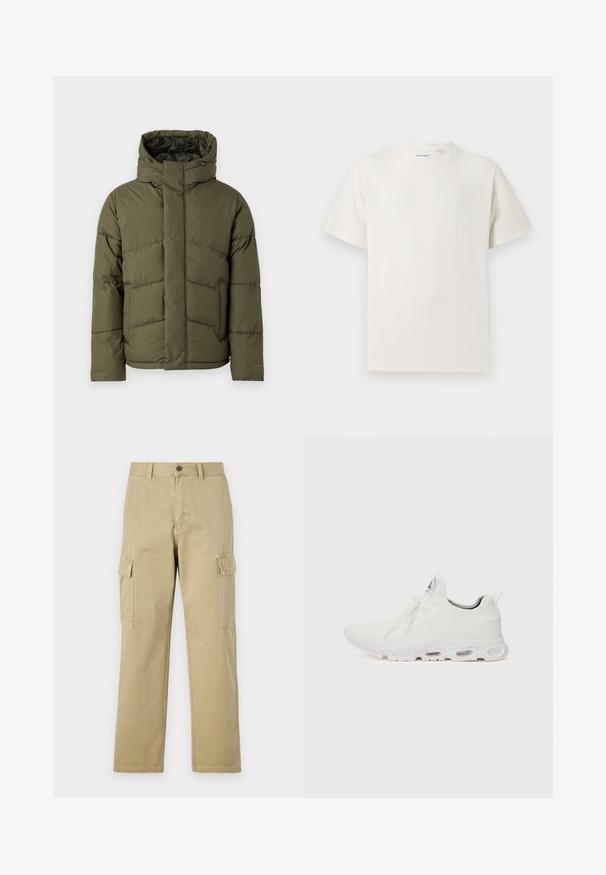 Jack & Jones JJWORLD oliwkowy; Biała krótka koszulka z krótkim rękawem o żebrowanej fakturze. Okrągły dekolt, luźny krój, brak widocznych wzorów lub akcentów. Prosty i uniwersalny design.; Beżowe spodnie cargo wykonane z bawełny, z dwoma bocznymi kieszeniami, z zapięciem na guzik oraz prostymi nogawkami z lekko teksturowanej tkaniny.; Białe buty sportowe z teksturowaną cholewką z dzianiny, płaskimi sznurowadłami oraz wyściełaną podeszwą z widocznymi komorami powietrznymi dla dodatkowego wsparcia.
