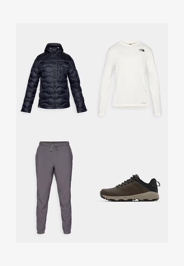 Peak Performance HELIUM UTILITY HOOD JACKET - Dūnu jaka - black; Balta garām piedurknēm krekls ar apaļu kaklu, teksturēta auduma, melns logo kreisajā plecā un smalka zīmola identifikācija apakšā.; Pelēki, viegli, elastīgas jostas bikses ar regulējamu auklu; sašaurinātas kājas; gluda tekstūra; ar logo detaļu sānos.; Brūni ūdensnecaurlaidīgi sporta apavi ar teksturētu virsu, perforētiem akcentiem, melnu papēža atbalstu un pelēku gumijas zoli. Šņores veidotas ar metāliskiem galiem.