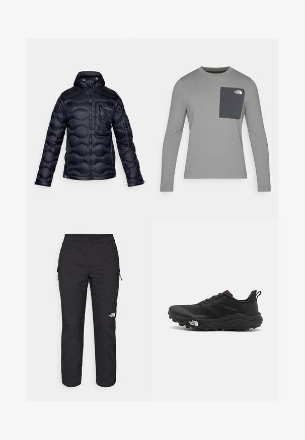 Peak Performance HELIUM UTILITY HOOD JACKET - Jakna ispunjena paperjem - black; Siva košulja dugih rukava od teksturiranog materijala, s tamnosivom džepom na prsima i zatvaranjem na patentni zatvarač. Na džepu je logo u bijeloj boji.; The North Face WINTER EXPLORATION TAPERED CARGO - Hlače za otvoreno - black; Crne trail trkačke cipele s teksturiranim gornjim dijelom, gumeni potplat i ojačana zaštita za prste. Imaju podstavljen ovratnik i trakicu za lakše obuvanje.