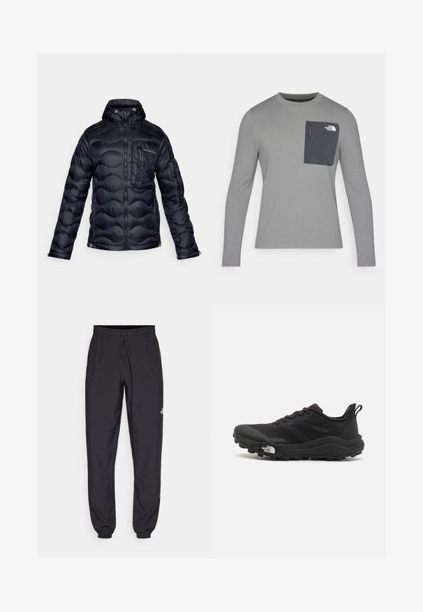 Peak Performance HELIUM UTILITY HOOD JACKET - Down jacket - black; Long-sleeve gray shirt with textured fabric, featuring a dark gray chest pocket and a zip closure. Logo on pocket in white.; Black athletic pants made from lightweight fabric, featuring a drawstring waistband, side pockets, and tapered cuffs at the ankles.; Black trail running shoe with a textured upper, rubber sole, and reinforced toe cap. Features a padded collar and pull tab for easy wear.