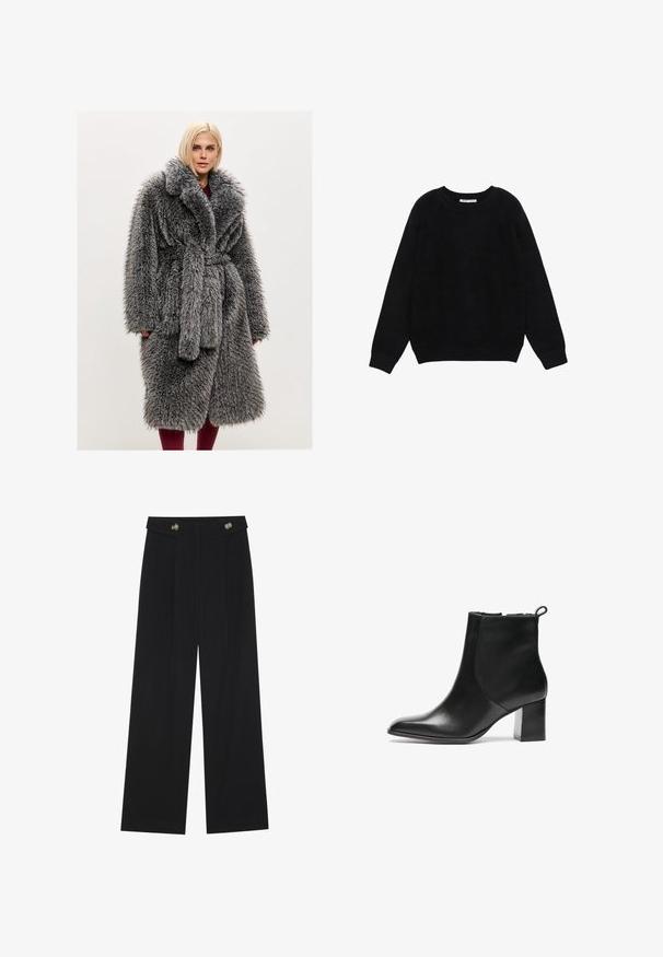 Grå fuskpälsjacka med sjalkrage, midjeband och mjuk, lång lugg. Har sidfickor och en avslappnad passform.; Svart långärmad tröja med rund hals och ribbade muddar och fåll, uppvisad platt på vit bakgrund.; Svarta vida byxor med hög midja, knäppdetaljer i midjan och framfickor.; Svart läderankelboot med rund tå, en medelhög klack i blockform och en dragflik baktill. Slät textur, minimal design.
