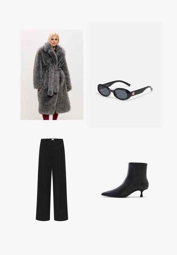 Grå imiteret pelskåbe med sjalskrave, bælte i taljen og blød, lang pelsstruktur. Har sidelommer og en afslappet pasform.; Intimissimi CHRISTMAS - Langærmet T-shirt - black; Sorte bred ben bukser med høj talje, plisseringer og en glat tekstur. Minimalistisk design uden synlige mønstre eller hardware.; ALDO EMMALIE - Støvletter - black; Sorte ovale solbriller med mørke linser, glansfuld plastikramme, brede arme og en lille gul accent på den ene side.