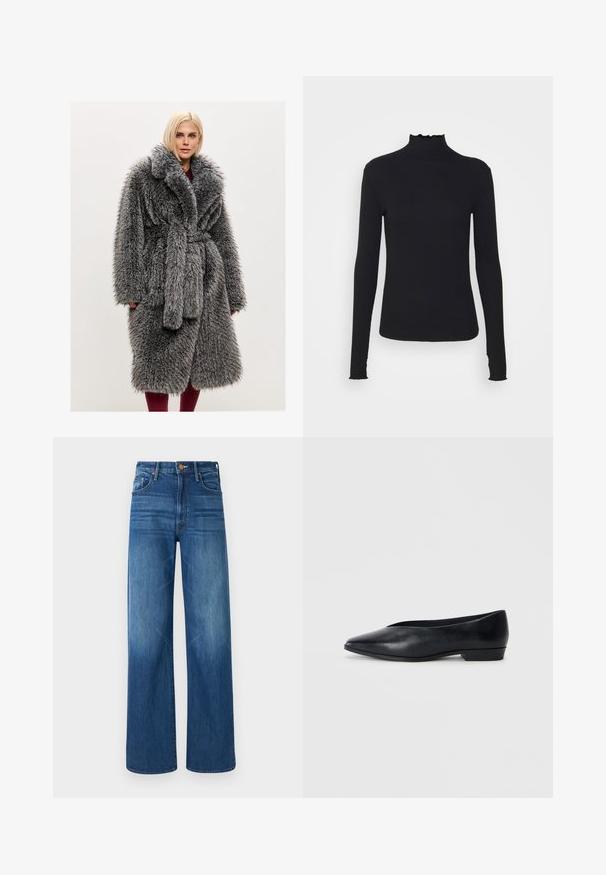 Palton gri din blană artificială cu guler șal, talie cu curea și textură moale, cu fir lung. Dispune de buzunare laterale și croială lejeră.; Top negru cu mânecă lungă și guler înalt, realizat dintr-un material neted, având un guler cu volane și o siluetă ajustată cu margini simple.; Mother THE LASSO SNEAK - Blugi loose fit - dark blue denim; Pantof cu talpă plată din piele neagră, cu vârf ascuțit, călcâi ușor ridicat și suprafață netedă. Design simplu, fără hardware vizibil sau modele.