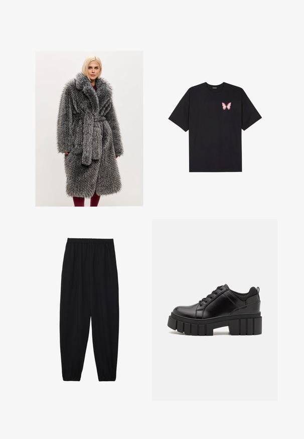 Sivi kaput od umjetnog krzna s ovratnikom u stilu šala, remenom u struku i mekanom, dugom teksturom hrpe. Ima bočne džepove i opušten kroj.; Crna pamučna majica s kratkim rukavima, s malim grafičkim prikazom ružičaste vjetricaste s desne strane na prsima. Dizajn s okruglim izrezom i opuštenim krojem.; Crne, lagane hlače s elastičnom stražnjom pasicom i naboranim gležnjevima. Tkanina je glatka i ima opušteni, suženi dizajn.; Crne kožne platforme s debelim blok-peta, okruglim prstima i klasičnim dizajnom vezanja. Imaju gladak tekstur i minimalne detalje.