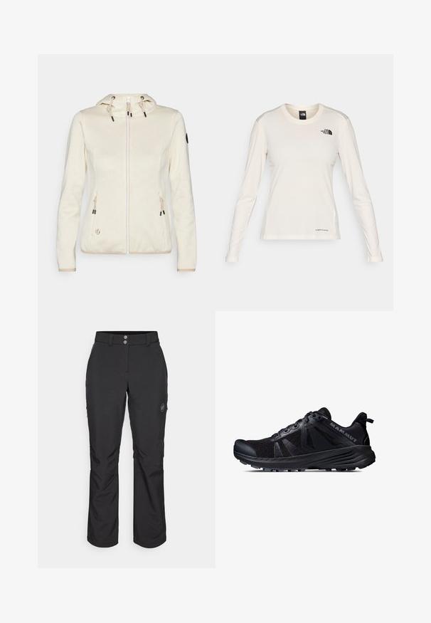 Giacca con cappuccio di un beige chiaro, con un motivo geometrico, dotata di chiusura a zip, laccetti e due tasche laterali. Accenti neri sugli accessori.; The North Face SHADOW LONG SLEEVE - Maglietta a manica lunga - white dune; Pantaloni outdoor neri con taglio dritto, dotati di chiusura con bottone, tasche laterali con zip e una patch con logo sulla coscia sinistra.; Scarpe da trail running nere con tomaia in rete e suola in gomma. Presentano sovrapposizioni testurizzate, punta rinforzata e logo del marchio sul tallone.