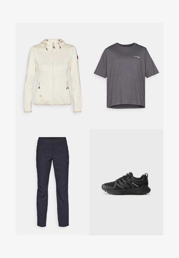 Világos bézs színű kapucnis kabát geometriai mintával, cipzáras záródással, zsinórokkal és két oldalsó zsebbel. Fekete kiegészítők az apróságokhoz.; Rövid ujjú, szürke póló sima anyagból. Kerek nyakrésze van, és egy kis logó van nyomtatva a mellen.; Sötétkék nadrág sima anyagból, elülső gombos záródással, slim-fit fazonnal és gyűrött részletekkel a térdeken.; Columbia PEAKFREAK - Túracipők - black