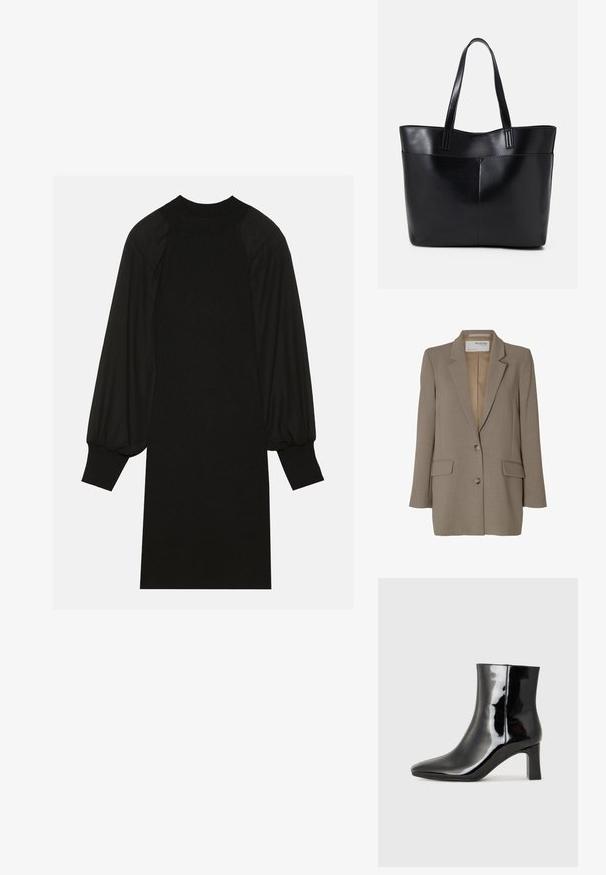 Blazer castanho com lapela serrilhada, design de um só botão, duas bolsos frontais e botões prateados. Textura suave com um corte ajustado.; Vestido preto com um tecido canelado, mangas bufantes e colo alto. A silhueta é reta e cai até ao joelho.; Botim de tornozelo em pele sintética preta com bico apontado e salto bloco de altura média. Textura suave e design minimalista.; Bolsa tote preta em couro com duas alças longas, textura suave e forma estruturada. Apresenta um bolso frontal para armazenamento adicional.
