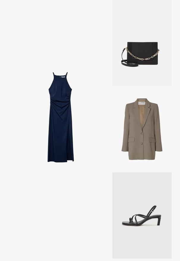 Brun blazer med notch lapel, enkeltradet design, to forlommer og sølvknapper. Glat tekstur med en skræddersyet pasform.; Marineblå ærmeløs kjole med en tætsiddende overdel, draperede sidelameller og en slidse i siden. Glat stof og lynlås lukning bagpå.; Sort remsandale med firkantet tå og en lav blokeret hæl. Har flere tynde stropper og en justerbar ankelrem. Fremstillet af glat læder.; Sort læder crossbody taske med en glat tekstur, rektangulær form og en metallisk kæde detalje foran. Justerbar skulderrem inkluderet.
