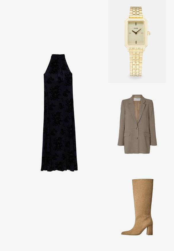 Brown blazer with a notched lapel, single-breasted design, two front pockets, and silver buttons. Smooth texture with a tailored fit.; Long, halter-neck dress in dark navy fabric with a textured floral pattern. Flows softly from a fitted bodice to a full skirt.; Tan suede knee-high boot with a block heel, featuring a pointed toe and smooth texture. Minimalistic design with no embellishments.; Woven beige tote bag with a slouchy design and a single shoulder strap. Features a textured pattern throughout the surface.; Gold rectangular wristwatch with a textured light green dial, two black hour markers, a gold metal bracelet, and a minimalist design.