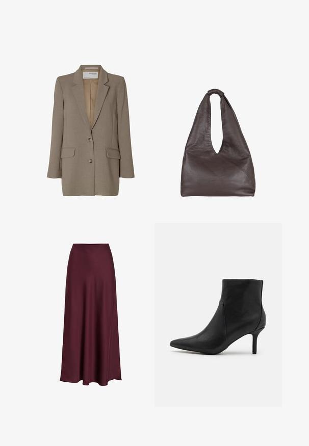 Brown blazer with a notched lapel, single-breasted design, two front pockets, and silver buttons. Smooth texture with a tailored fit.; White short-sleeve t-shirt made of cotton with a round neckline and a relaxed fit. Smooth texture and no visible patterns or embellishments.; Burgundy satin maxi skirt with a smooth texture, high waist, and a flowing silhouette that flares out gently towards the hemline.; Anna Field Ankle boots - black; Brown leather bag with a slouchy, oversized design. Features a loop handle and a deep V-cut opening for easy access. Soft texture, minimalist style.