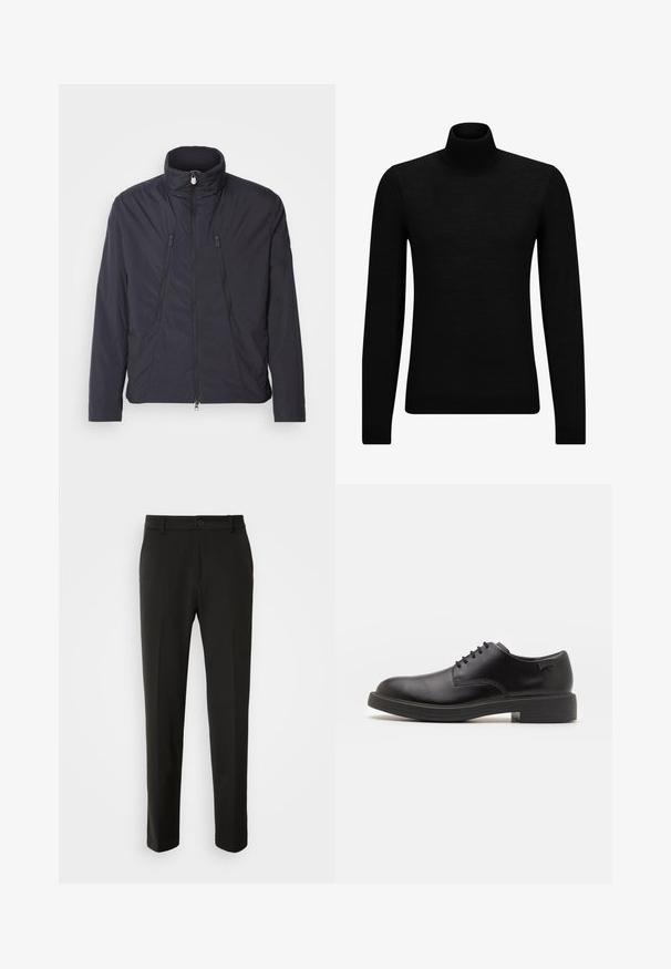 Juodas lengvas džemperis su aukštu apykakle, dviem priekiniais užtrauktukais uždaromais kišenėmis ir lygiu, šiek tiek tekstūruotu audiniu. Užtrauktukas priekyje.; Juodas aukšto kaklo megztinis, pagamintas iš minkštos medžiagos, su ilgomis rankovėmis ir prigludusia forma. Su raukiniais apačioje ir rankogaliuose. Paprastas dizainas.; Juodi kelnes, pagamintos iš lygaus audinio, su tiesiomis kojomis, mygtuko uždarymu ir klasikiniu dizainu, tinkamu tiek formaliai, tiek kasdienei aprangai.; Juodas odinis batų modelis su raišteliais, apvaliu nosiu, lygiu paviršiumi, minimaliai siuvinėjimu ir žemu guminėmis pakulne. Ant pakulnės šalia logo.