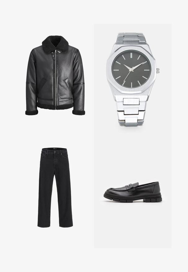 Giacca in pelle nera con colletto in finta pelliccia, chiusura con zip, due tasche laterali e dettagli neri sulle maniche e sull'orlo.; Redefined Rebel TETON REGULAR FIT - Maglione - black grey; Jeans in denim nero a gamba dritta con chiusura a bottone e zip, passanti per cintura e tasche anteriori e posteriori.; Mocassini in pelle nera con finitura liscia, dotati di un dettaglio di cinturino anteriore e di una suola in gomma spessa con accenti scanalati.; Orologio analogico argento con cassa ottagonale, quadrante grigio, indicatori delle ore argentati e bracciale in acciaio inossidabile. Design minimalista con texture liscia.