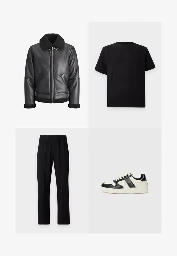 Zwarte leren jas met een faux schapenvacht kraag, ritssluiting, twee zijzakken en zwarte accenten op de mouwen en de zoom.; Zwarte T-shirt met korte mouwen van gemerceriseerd stof, met een ronde halslijn en een relaxte pasvorm. Eenvoudig, zonder patronen of accenten.; Zwarte, elastische broek met rechte pijpen, met een gladde textuur en zonder zichtbare patronen of hardware.; Leren sneakers met een zwart en crèmekleurig kleurenschema, voorzien van geperforeerde accenten, een gevoerde kraag en een gestructureerde buitenzool.
