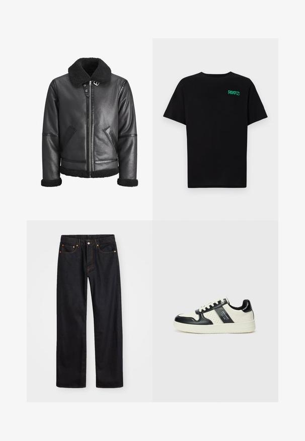 Črna usnjena jakna z umetnim ovčjim krznom na ovratniku, z zadrgo, dvema stranskima žepoma in črnimi poudarki na rokavih in robu.; Črna majica iz bombaža z kratkimi rokavi. Na sprednji strani ima zeleno logotip "ROOTS", okroglo ovratnico in standardno prileganje.; Moške črne kavbojke ravnega kroja z petimi žepi in oranžnim šivanjem, z gumbom in zadrgo na sprednjem pasu.; Usnjeni športni čevlji z črno in krem barvno shemo, ki vključujejo perforirane dodatke, podložen ovratnik in strukturirano podplat.