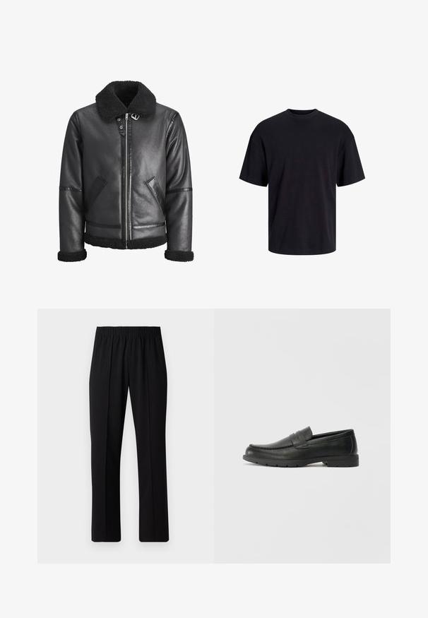 Veste en cuir noir avec un col en fausse fourrure, fermeture éclair, deux poches latérales et accents noirs sur les manches et le bas.; T-shirt en coton noir avec un col ras du cou, des manches courtes et une coupe décontractée. Texture lisse sans motifs ni accents visibles.; Pantalons noirs à taille élastique avec une coupe droite, présentant une texture lisse et sans motifs ni éléments visibles.; Mocassins en cuir noir avec une finition lisse, tige de style moccasin, détails cousus et semelle en caoutchouc. Design classique avec un talon bas.