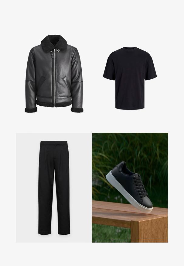 Zwarte leren jas met een faux schapenvacht kraag, ritssluiting, twee zijzakken en zwarte accenten op de mouwen en de zoom.; Zwarte katoenen t-shirt met een ronde halslijn, korte mouwen en een relaxte pasvorm. Glad textuur en geen zichtbare patronen of accenten.; Zwarte broeken van gladde stof, met een recht model, twee voorknikken en een standaard tailleband met riemlussen.; Zwarte leren sneaker met een gladde textuur, witte rubberen zool en zes oogjes voor veter, weergegeven op een houten oppervlak.