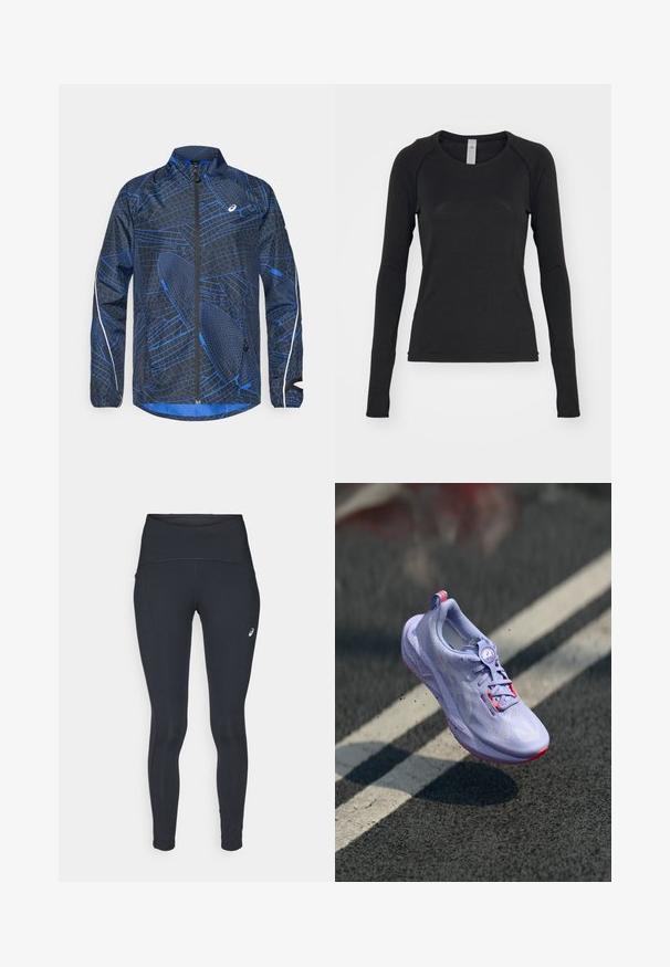 Jachetă impermeabilă albastră și neagră cu un model geometric texturat, fermoar pe toată lungimea, guler înalt și accente reflecțante pe mâneci.; Cămașă cu mâneci lungi, de culoare neagră, făcută dintr-un material moale. Are guler rotund și mâneci raglan cu găuri pentru degete la mansete. Design minimalist.; ASICS ROAD HIGH WAIST - Colanți de iarnă - performance black; Încălțăminte de alergare de culoare lavandă deschisă, cu un material superior texturat, accente roz, un mecanism de legare rotund și o talpă cu pete, ridicată deasupra unui fundal de asfalt.