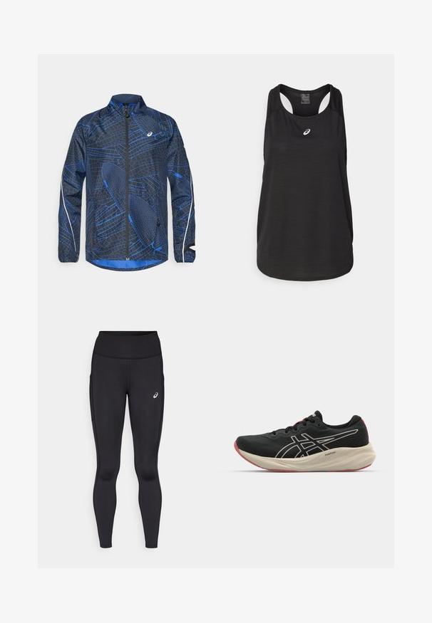 Blauwe en zwarte windbreakerjas met een textuurpatroon in geometrische vormen, volledige ritssluiting, hoge kraag en reflecterende accenten op de mouwen.; Zwarte sportieve tanktop van lichtgewicht stof. Heeft een ronde halslijn, racerback ontwerp en een klein wit logo op de voorkant.; Zwarte leggings met een hoge tailleband, gemaakt van een gladde, rekbare stof. Voorzien van een subtiel logo op de dij en zijzakken.; Zwarte hardloopschoen met een bovenwerk van mesh en witte accenten. Beschikt over een gewatteerde tussenzool en rode details op de buitenzool. Lichtgewicht ontwerp.