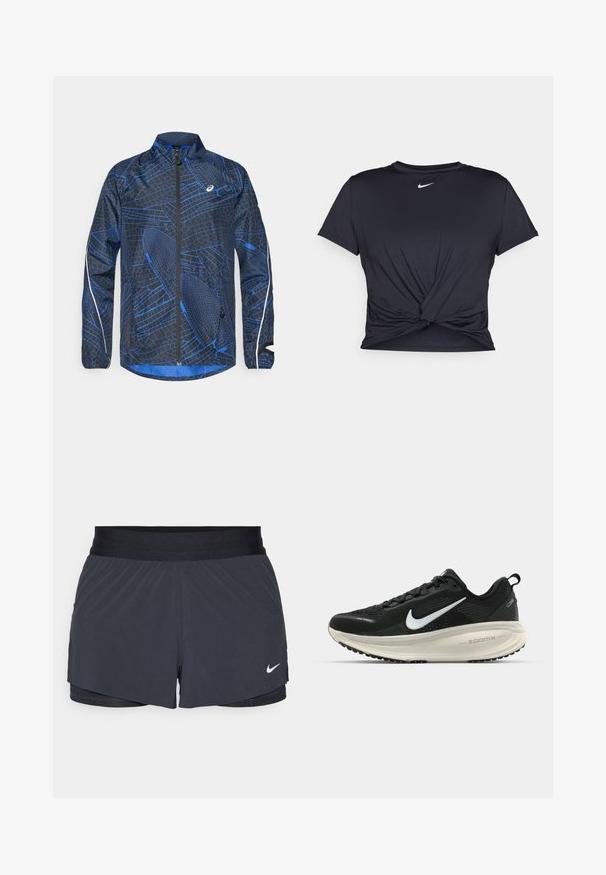 Zila un melna vēja necaurlaidīga jaka ar teksturētu ģeometrisku rakstu, pilna garuma rāvējslēdzis, augsts apkakle un atstarojoši akcenti uz piedurknēm.; Melna sporta t-kreklu ar gludu audumu, ar mezglošanas priekšpusi un mazu baltu Nike logotipu uz krūšu daļas.; Melnas sporta šortus ar elastīgu jostu, ar slāņotu dizainu un mazu balto Nike logo apakšējā kreisajā stūrī. Viegls materiāls.; Melnas Nike skriešanas kurpes ar elpojošu acs augšdaļu, baltu Swoosh logotipu, strukturētu apdari un krēmkrāsas ZoomX starpsole.