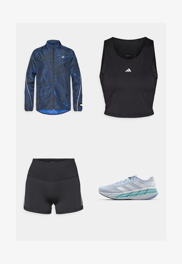 Modra in črna vetrovka z teksturiranim geometrijskim vzorcem, z dolgim zadrgo, visokim ovratnikom in odsevnimi poudarki na rokavih.; Črn športni crop top, izdelan iz tkanine, ki odvaja vlago, z okroglim ovratnikom, brez rokavov in belim logotipom na prsih.; Črne športne kratke hlače z visokim pasom, narejene iz elastanskega materiala. Imajo bele črte na straneh in ravne šive za udobje.; Svetlo modri športni čevlji z teksturiranim pletenim zgornjim delom, belimi akcenti in prozornim zelenim srednjim podplatom. Okrogla konica in oblazinjen ovratnik.