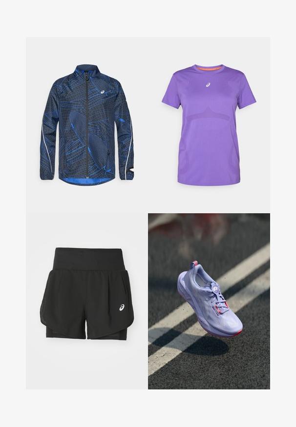 Mėlyna ir juoda vėjalinė striukė su tekstūriniu geometriniu raštu, pilno ilgio užtrauktuku, aukštu apykakle ir atspindinčiais akcentais ant rankovių.; Violet sportinis marškinėliai, pagaminti iš kvėpuojančios medžiagos. Turi apvalią iškirptę, trumpas rankoves ir subtilų toninį raštą priekyje.; Juodos sportinės šortai su kvėpuojančia tinklelio danga, vidiniais šortais su lygiu paviršiumi ir baltu logotipu kairėje pusėje.; Šviesiai violetiniai bėgimo batai su tekstūruotu paviršiumi, rožiniais akcentais, apvaliu raištelių mechanizmu ir dėmėta minkštimo dalimi, pakelti virš asfalto fono.