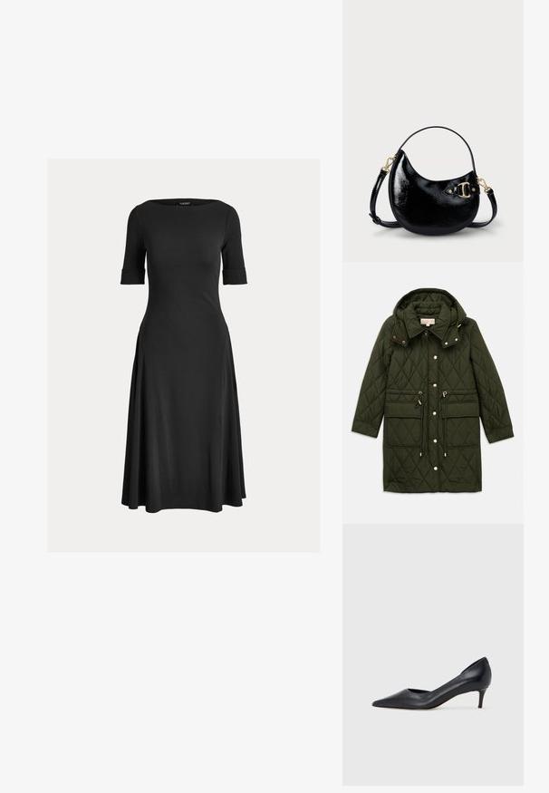 Olijfgroen gewatteerde lange jas met capuchon, drukknoopsluiting aan de voorkant, verstelbare taille met trekkoord, klepzakken en kraag op een effen achtergrond.; Zwarte jurk tot de knie van zachte stof, met een ronde halslijn, korte mouwen en een uitlopende rok met zijplooien.; Zwarte leren pump met een puntige neus en lage hak. Heeft een gladde textuur en een subtiele glans. Open uitsparing aan de voorkant voor extra detail.; Zwarte gepatineerde leren handtas met een gebogen vorm, verstelbare schouderband en gouden hardwaredetails aan de zijkant. Gladde, glanzende textuur.