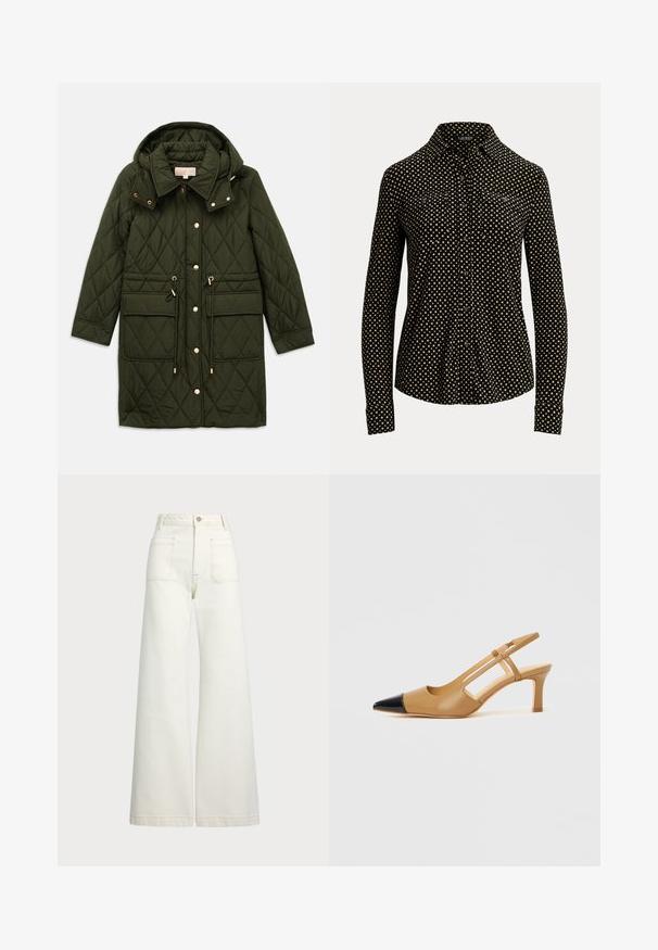 Olive green quilted long jacket with hood, front snap buttons, drawstring waist, flap pockets, and collar on plain background.; Black button-up shirt with white square pattern, long sleeves, collar, and two front pockets, made from a soft fabric.; Wide-leg jeans in off-white denim. High-waisted design with a button closure, two front pockets, and contrast stitching details.; Tan slingback heels with a pointed black toe cap, featuring cut-out sides and a mid-height block heel. Smooth leather material.