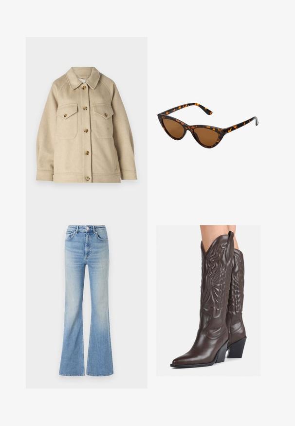 Beige uldblandingsjakke med krave, frontlukning med knapper og to brystlommer, prydet med guldfarvede knapper og tekstureret stof.; Sort langærmet top lavet af tekstureret blonde, med en bølget udskæring og tætsiddende design med en cropped silhuet.; Lyseblå flared jeans lavet af denim, med høj talje, fem-lommekonstruktion og en subtil gradientafblegning mod kanten.; Brune læder cowboystøvler med spids tå og blokhæle, med detaljeret syning og forhøjede accenter på skaftet.; Kat-ejede solbriller med en sort og orange skildpaddemønstret stel, brune linser og slanke, spidse ender. Har et minimalistisk logo på skabelsen.