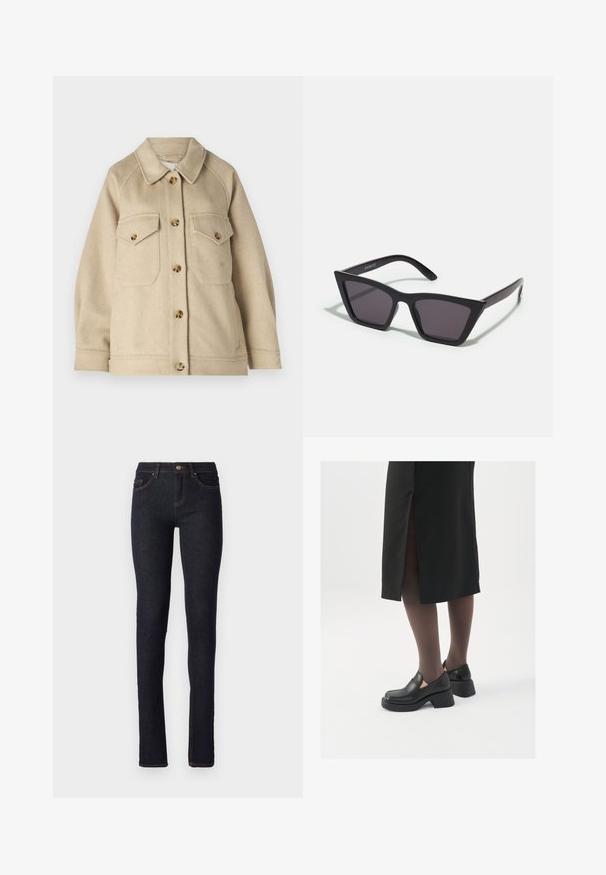 Beżowa kurtka z wełny z kołnierzowym dekoltem, zapinana na guziki z przodu, z dwoma kieszeniami na piersi, ozdobiona guzikami w złotym odcieniu i teksturowanym materiałem.; Czarny top z długim rękawem wykonany z gładkiego materiału, z okrągłym dekoltem oraz marszczeniami na ramionach i mankietach.; Granatowe dżinsy o slim fit, z wysokim stanem, pięcioma kieszeniami i pomarańczowymi przeszyciami wzdłuż szwów.; Czarne skórzane buty z okrągłym noskiem, grubym blokowym obcasem i elastycznymi akcentami po bokach, zestawione z ciemnymi rajstopami i czarną spódnicą z rozcięciem.; Czarne, kanciaste okulary przeciwsłoneczne z szarymi soczewkami; wykonane z plastiku, z grubymi zausznikami o gładkiej powierzchni i bez widocznych elementów metalowych.; Czarna torba hobo wykonana z gładkiego, skóropodobnego materiału z twisted uchwytem, o miękkim, zaokrąglonym kształcie i górnym zapięciem na zamek.; Złote kolczyki w kształcie kółek o gładkim, błyszczącym wykończeniu. Okrągły design z małym klipsem i przezroczystym zapięciem zapewniającym bezpieczne noszenie.