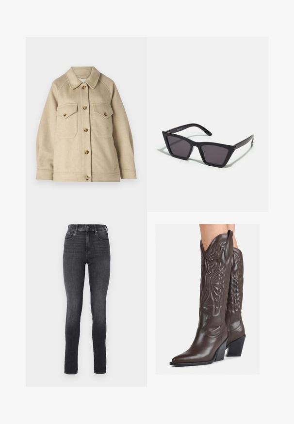 Bež sako od vune s ovratnikom, prednjim kopčanjem na gumbe i dva džepa na prsima, s zlatnim gumbima i teksturiranim materijalom.; Bijela majica bez rukava napravljena od rebraste tkanine, s okruglim izrezom i uklapajućim siluetom, s minimalnim šavovima i bez ukrasa.; Hlače visokog struka, uske, od tamnog sivog trapera, glatke teksture, s prednjim džepovima i metalnim dugmetom za zatvaranje na pojasu.; Smeđe kožne kauboj čizme s šiljastim vrhom i blok-potpeticom, s detaljno izvezenim šavovima i uzdignutim naglascima na okovu.; Crne, uglaste sunčane naočale sa sivoj lećama; izrađene od plastike, imaju debele nogice s glatkom površinom i bez vidljivih metalnih dijelova.; Mala krem torbica s teksturiranim finišom, dugačkim podesivim remenom, lančanim detaljem i preklopom. Zlaćani hardver.; Srebrne okrugle naušnice s minimalističkim dizajnom. Kružni oblik, glatka tekstura i tanak profil. Lagane s poliranim završetkom.