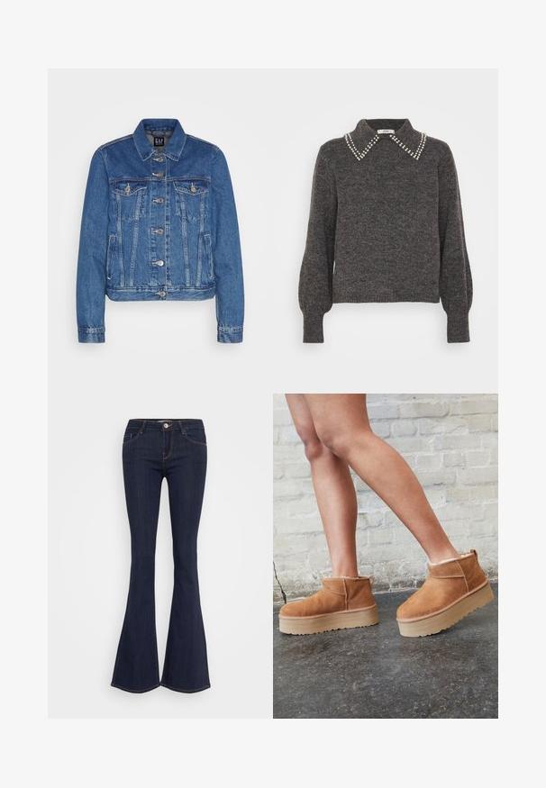 Denimjakke i mellemblå med et cropped design, frontlommer med klap, metalknapper og kontraststænk. Klassisk krave og lange ærmer.; Mørkegrå sweater med tekstureret strik, prydet med en krave udsmykket med perlehinne og puffede ærmer, ribbede manchetter og kant.; Mørke denim flare jeans med en tætsiddende talje, der har en forsænket knaplukning, fem-lomme design og sømdetaljer langs benene.; Brune ruskinds ankelsko med en blød foring, tyk beige plattformsål og en bageste løkke. Tekstureret overflade med synlige sømdetaljer.