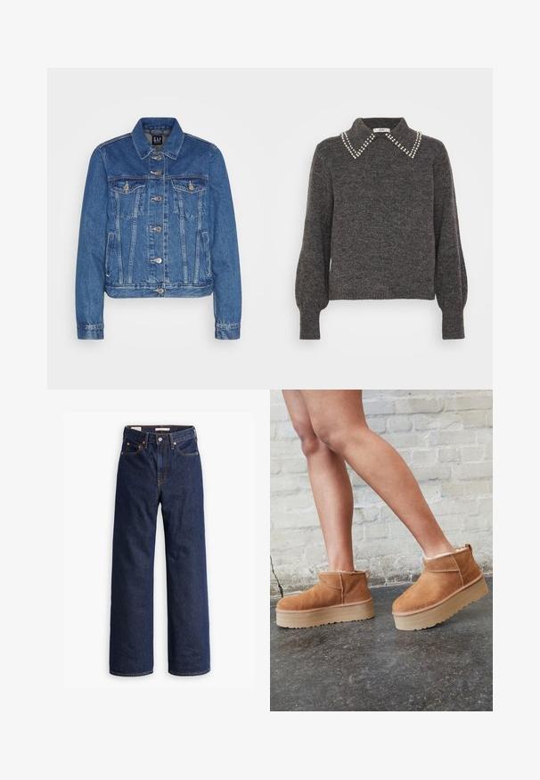 Denim takki keskmises sinises värvitoonis, lühendatud disainiga, esiküljel klapiga taskud, metallnupud ja kontrastsete õmblustega. Klassikaline krae ja pikad varrukad.; Tummanharmaa neulepusero, jossa on teksturoitu neulos, koristeltu helmikoristeisella kauluksella sekä puffimaisilla hihoilla, ribbireunukset sekä helma.; Tummansiniset suorat farkut, joissa on viisi taskua, oranssit saumat ja napituskaitale.; Ruske mokasine do gležnja od nubuk kože s mekim podstavom, debelim bež platformama i stražnjim držačem. Teksturirana površina s vidljivim detaljima šavova.