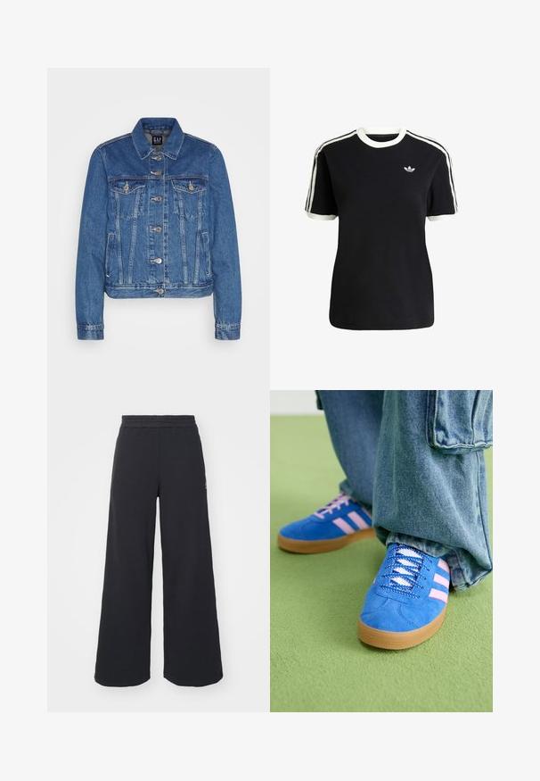 Chaqueta de mezclilla en azul medio con un diseño cropped, bolsillos con solapa en la parte frontal, botones de metal y costuras en contraste. Cuello clásico y mangas largas.; Camiseta de algodón negra con acentos en blanco en el cuello y las mangas, que presenta tres rayas blancas en cada hombro y un pequeño logo en el pecho.; Pantalones de chándal negros de pierna ancha, hechos de una tela suave, con una cintura elástica y un pequeño logo en el lado izquierdo.; Zapatos de gamuza azul con rayas rosas y cordones blancos, con una suela de goma, combinados con pantalones denim holgados sobre una superficie verde.