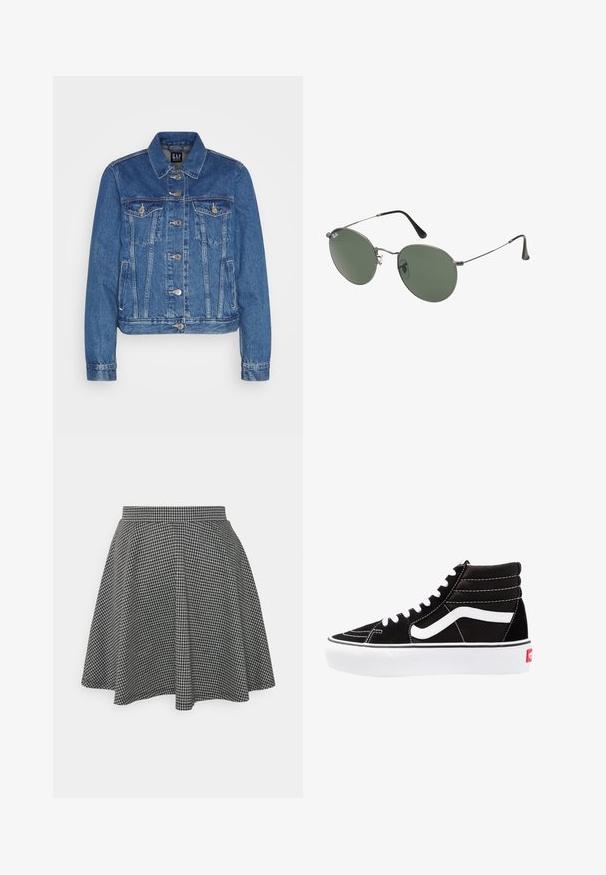 Džínová bunda v stredne modrej farbe so skráteným strihom, prednými vreckami na klapku, kovovými gombíkmi a kontrastným prešívaním. Klasický golier a dlhé rukávy.; Dve bezrukávové topy v čiernej a bielej farbe, vyrobené z rebrovanej bavlny, s okrúhlym výstrihom a priliehavým strihom. Viditeľné štítky na oboch.; Čiernobiela kockovaná sukňa pre korčuliarky s priliehavým pásom a rozšíreným lemom, vyrobená z textúrovanej látky s klasickým vzorom.; Čierne vysoké tenisky s bielymi šnúrkami, bielym logom a kontrastným bielym prešívaním. Majú hrubú bielu podrážku a textúrovaný semišový zvršok.; Sunglass s metalovým rámom s oválnymi zelenými šošovkami. Tenký strieborný kovový rám a čierne štuple za uši. Minimalistický dizajn, bez viditeľných log.
