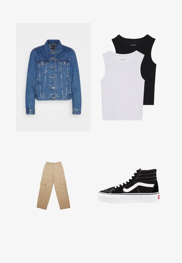 Denim jakna u srednje plavoj boji s krojenjem do struka, prednjim džepovima s flapom, metalnim dugmadima i kontrastnim šavovima. Klasičan ovratnik i duge rukave.; Dva majica bez rukava u crnoj i bijeloj boji, izrađene od rebrastog pamuka, s okruglim izrezima i prianjajućim dizajnom. Oznake su vidljive na obje.; Bež cargo hlače izrađene od tkanine, s dva prednja džepa i opuštenim, širokim krojem. Pojas uključuje kopčanje na dugme i zatvarač.; Crne visoke tenisice s bijelim vezicama, bijelim logotipom i kontrastnim bijelim šavovima. Imaju debeli bijeli potplat i teksturiranu nubuk gornjište.