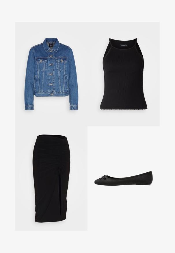 Denimjakke i mellemblå med et cropped design, frontlommer med klap, metalknapper og kontraststænk. Klassisk krave og lange ærmer.; Sort ribbet tanktop med bølget blondekant forneden. Har tynde stropper og en tætsiddende pasform. Fremstillet af strækbart materiale.; Sort, rynket blyantskørt med bindebånd og en sidelæg. Fremstillet af et strækbart stof, der har en glat overflade og en tætsiddende pasform.; Sorte ruskind ballet flats med rund tå, prydet med en dekorativ sløjfe på forsiden og flad sål. Glat tekstur og klassisk form.