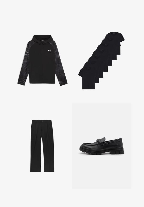 Puma RUN FAVORITE AOP WOVEN JACKET M - Træningsjakke - black-aop; Sæt af otte sorte bomulds t-shirts med korte ærmer og rund hals, der har et enkelt design og en blød tekstur.; Sorte bukser med lige ben, lavet af et glat stof. Har frontfolder og en enkelt knaplukning i taljen.; Sort læderloafer med rund tå, en dekorativ rem og hardware, samt en chunky tekstureret sål. Glat finish med subtile detaljer.