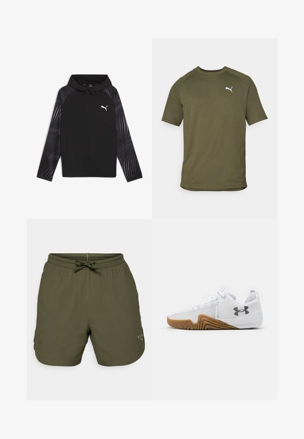 Puma RUN FAVORITE AOP WOVEN JACKET M - Chaqueta de entrenamiento - black-aop; Camiseta de manga corta color verde oliva, hecha de un tejido suave, presenta un escote redondeado y un logo blanco en el lado izquierdo del pecho.; Bermudas deportivas de color verde oliva, hechas de un tejido ligero, con una cintura elástica y un cordón de ajuste, además de un pequeño detalle de logo en el costado.; Zapatillas deportivas blancas con parte superior de malla, suela de goma de color goma, acentos texturizados y un logo negro en el costado.