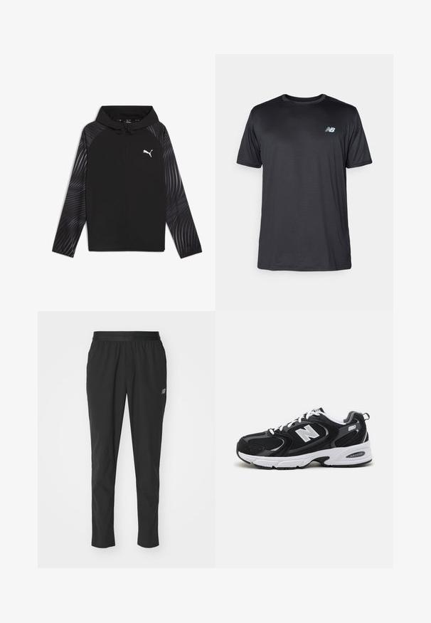 Puma RUN FAVORITE AOP WOVEN JACKET M - Træningsjakke - black-aop; New Balance Sports T-shirts - black; Sorte atletiske bukser lavet af letvægtsmateriale med en elastisk talje, tapered design og diskret logodetalje på siden.; Sorte og grå sportssko med mesh og ruskind på overdelen, der har en hvid mellemsål, snørebånd og et iøjnefaldende "N" logo på siden.